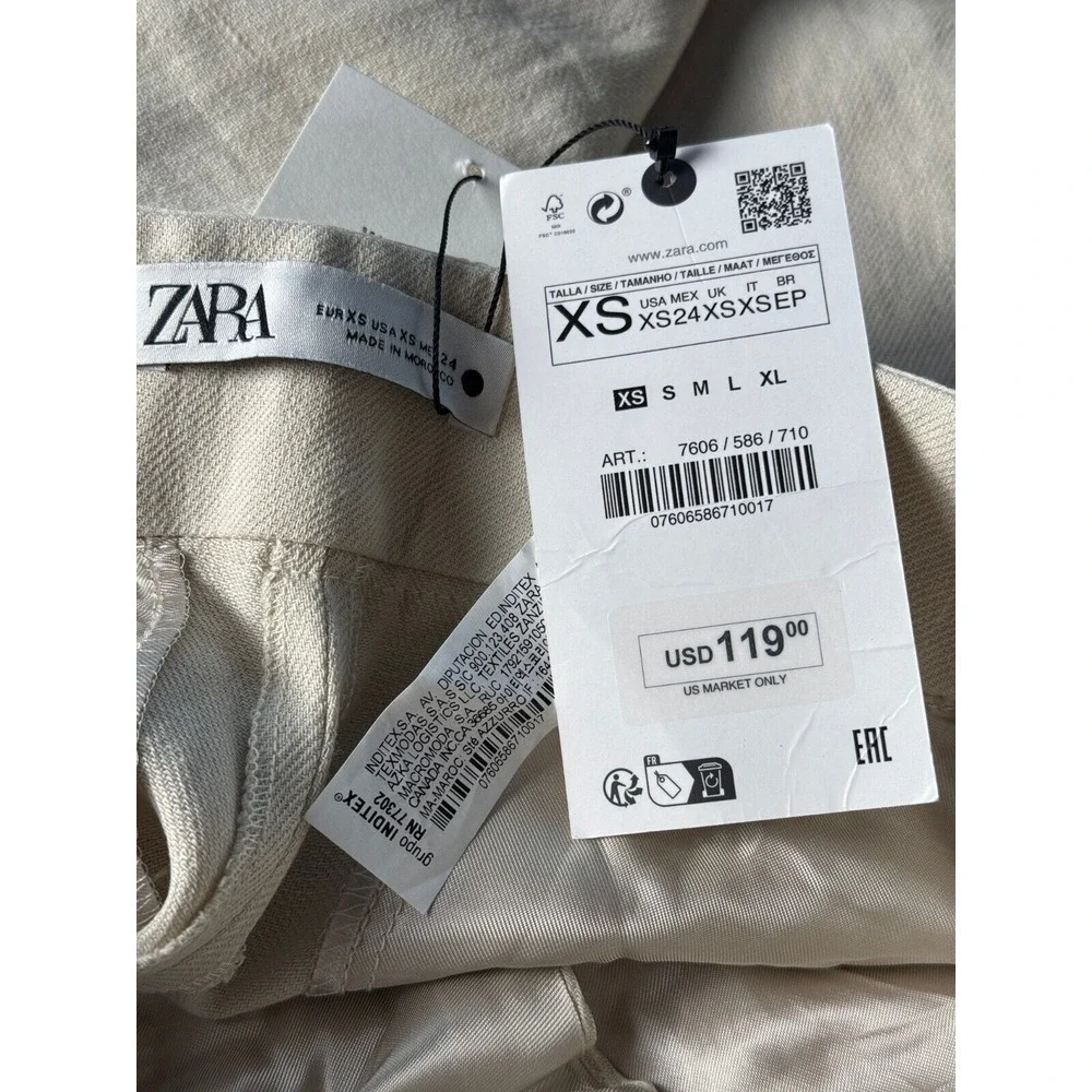 Zara Contrast Waist Linen Blend Pants‎ Blogger favorite Women XS NEW Zip Closure